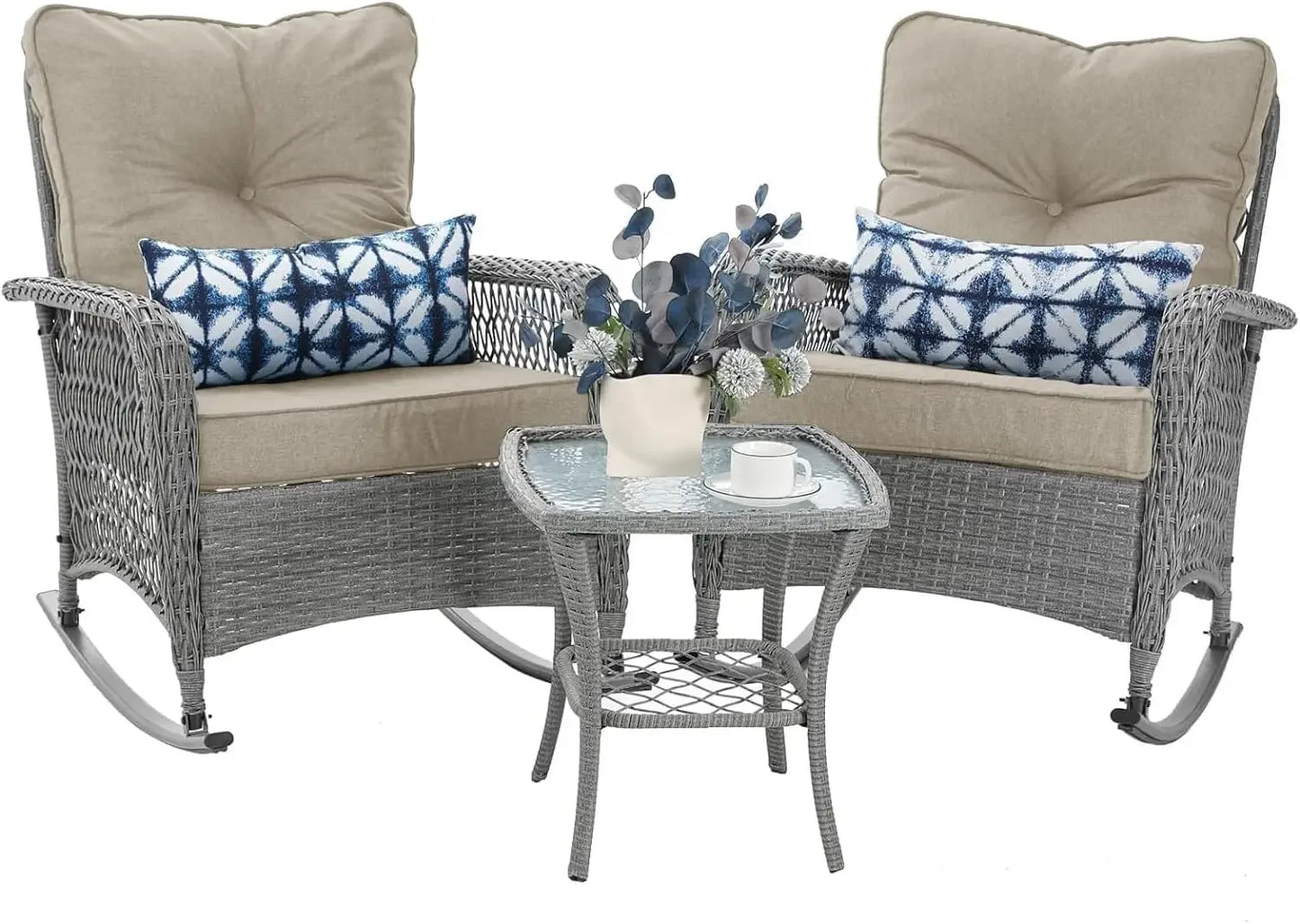 Ljustra 3 Piece Patio Furniture Set Wicker Rocking Chairs Coffee Table