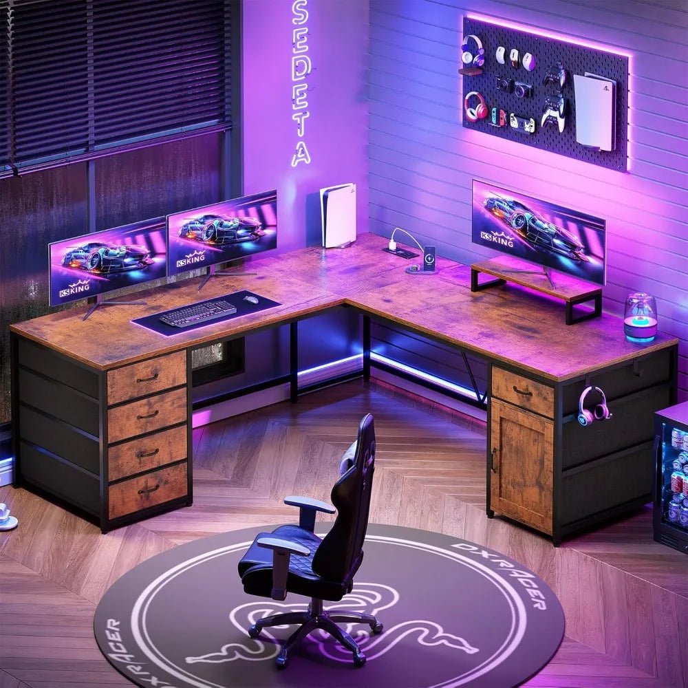 L Shaped Desk 63 Inch Computer Desk with 5 Drawers and Power Outlet