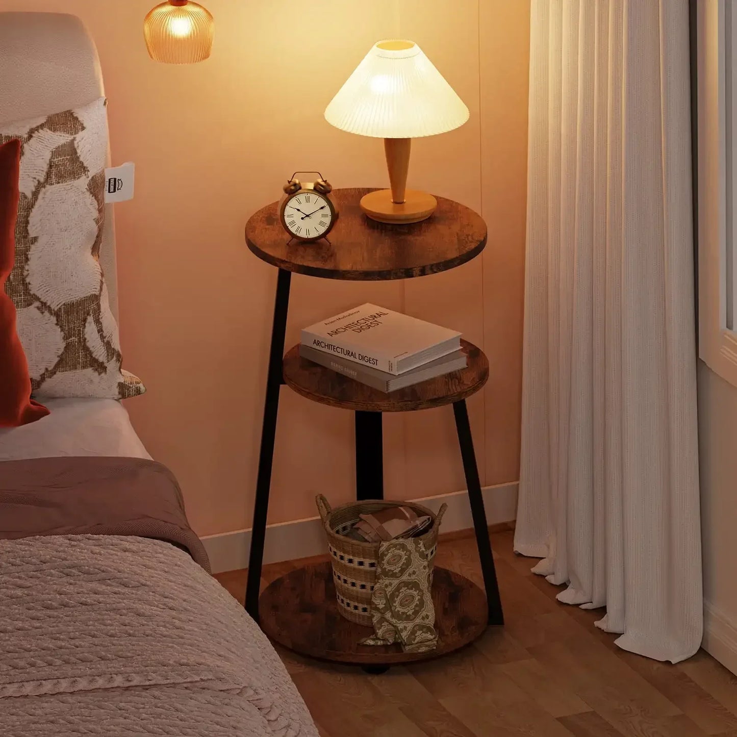 End Side Table Round Metal Frame 3-Tier Storage Coffee Table Nightstand