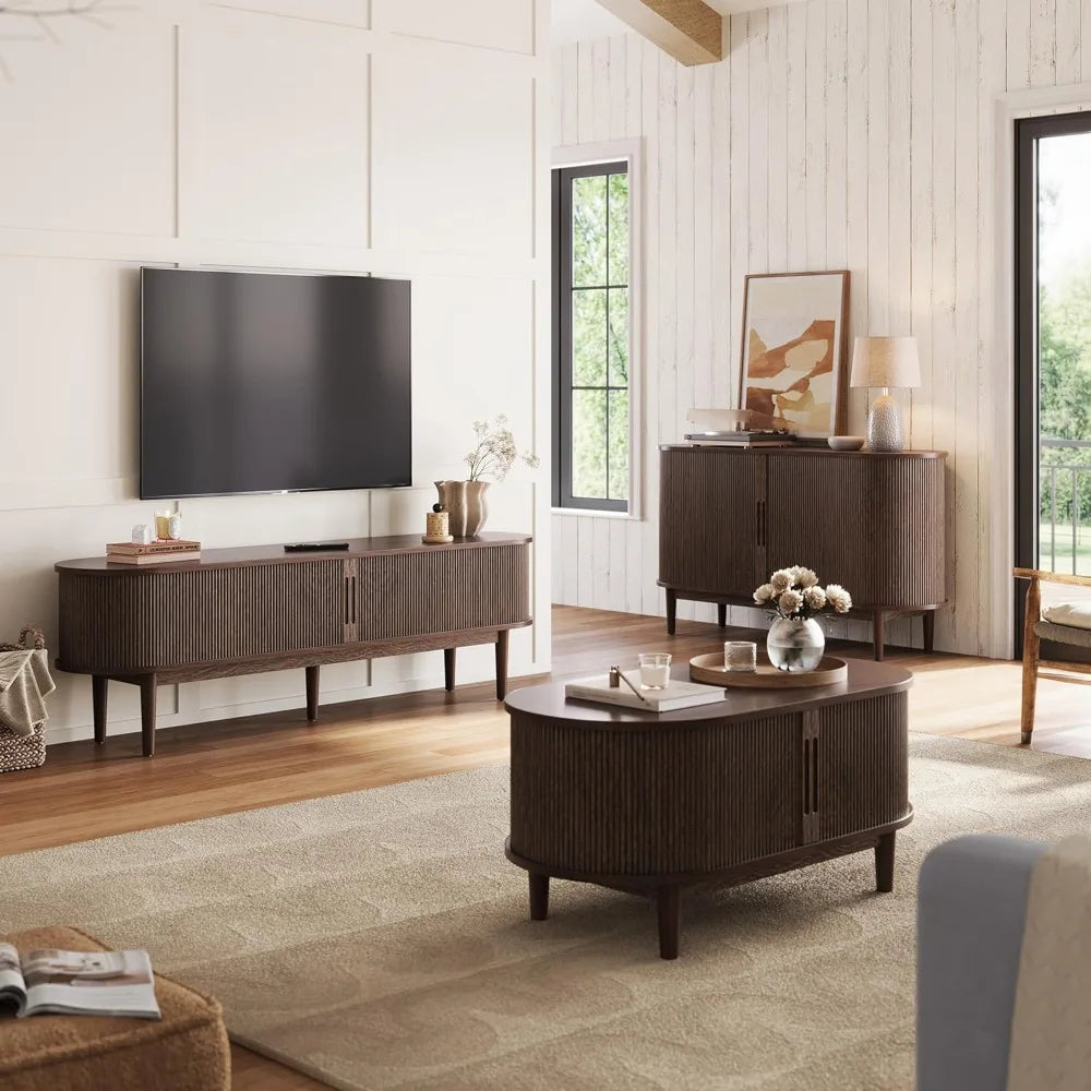 Fluted TV Stand for 75" TV Mid-Century Modern Entertainment Center