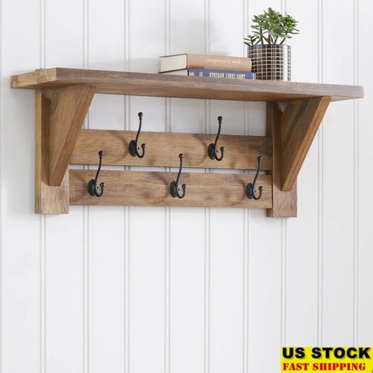 Acacia Wood Coat Hook Shelf 40 Inch Organizer Entryway Mudroom Heavy Duty