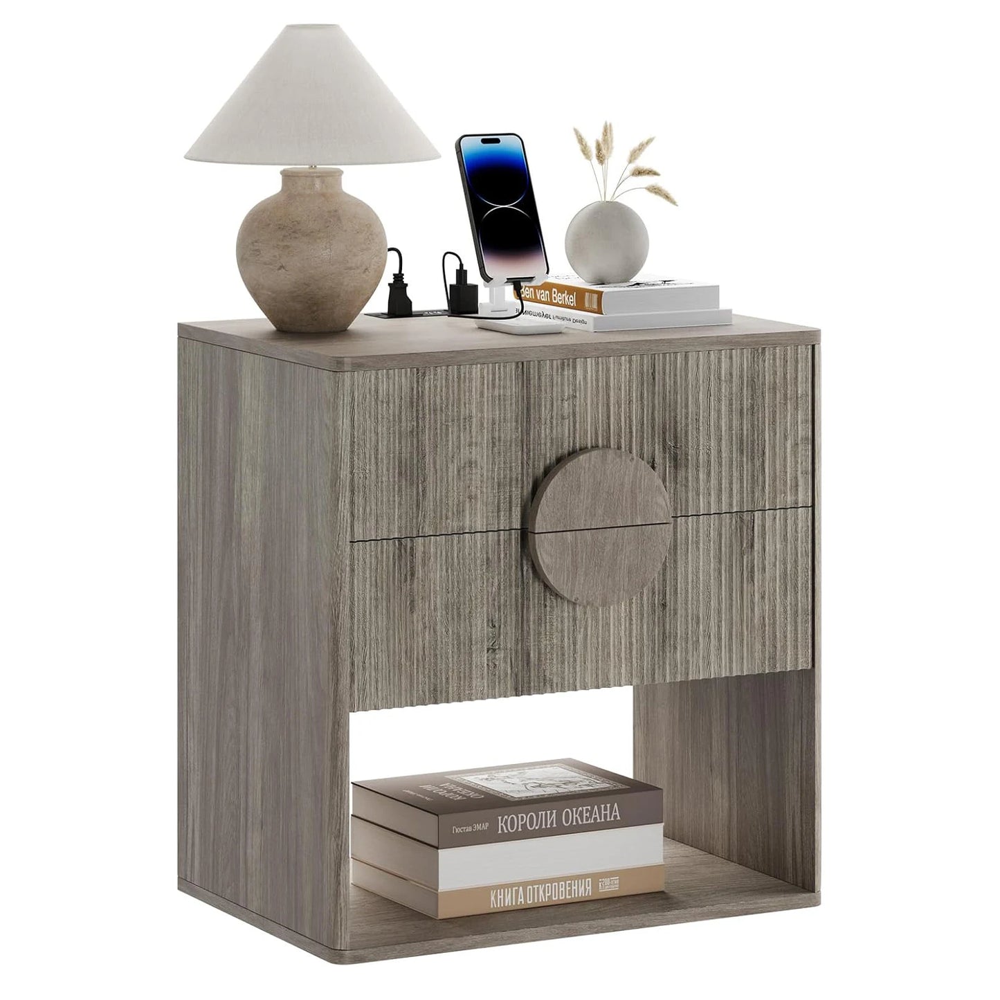 Large Fluted Nightstand Modern Bedside Table Storage for Bedroom Living Room