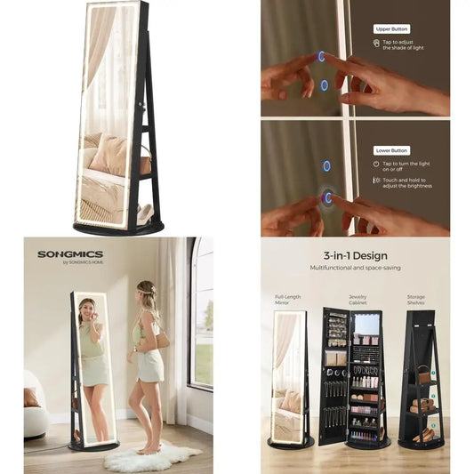 Standing LED Jewelry Cabinet with Lockable Armoire Full-Length Mirror