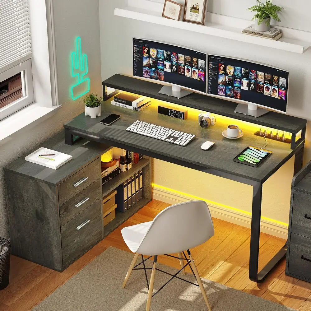 L-Shape Gaming Computer Desk with File Drawers for Home Office