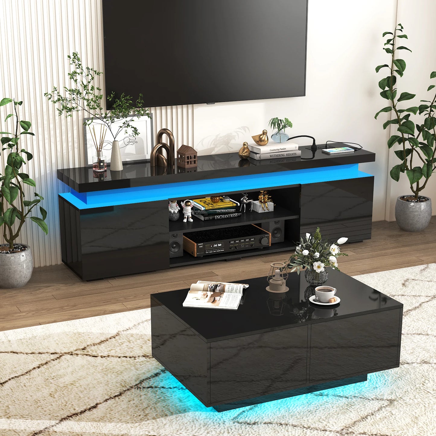 66 Inch LED TV Stand Modern Gaming Cabinet with Power Outlet Storage