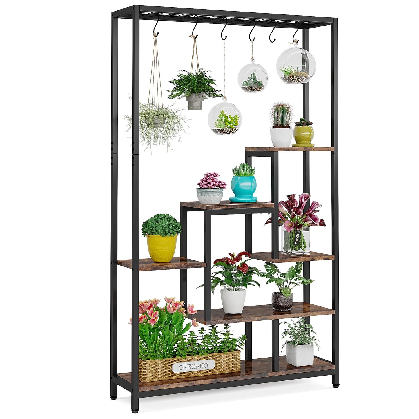 Ljustra 5 Tier Tall Indoor Plant Stand Shelf with Hanging Hooks