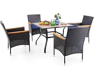 9 Piece Outdoor Dining Set for 8 with Wrought Iron Table and Wicker Chairs
