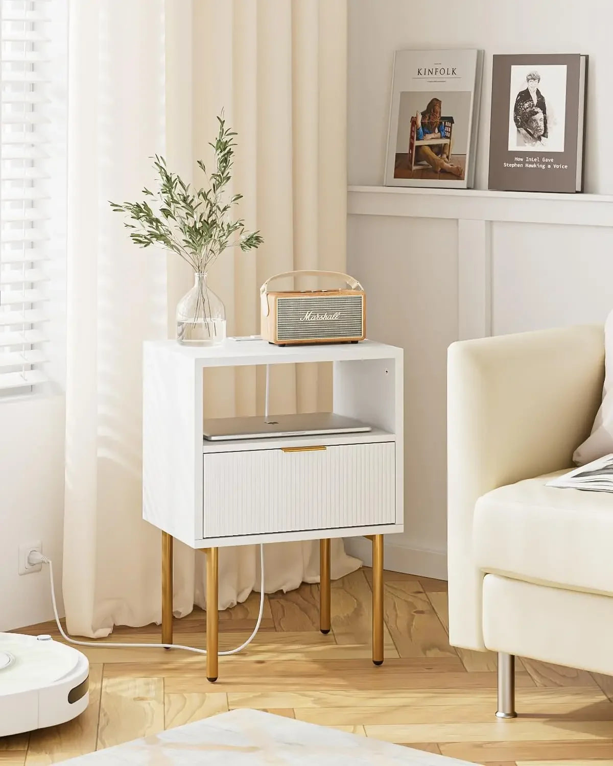 Small Bedside Table Gold Frame White Nightstand Drawer Shelf Furniture