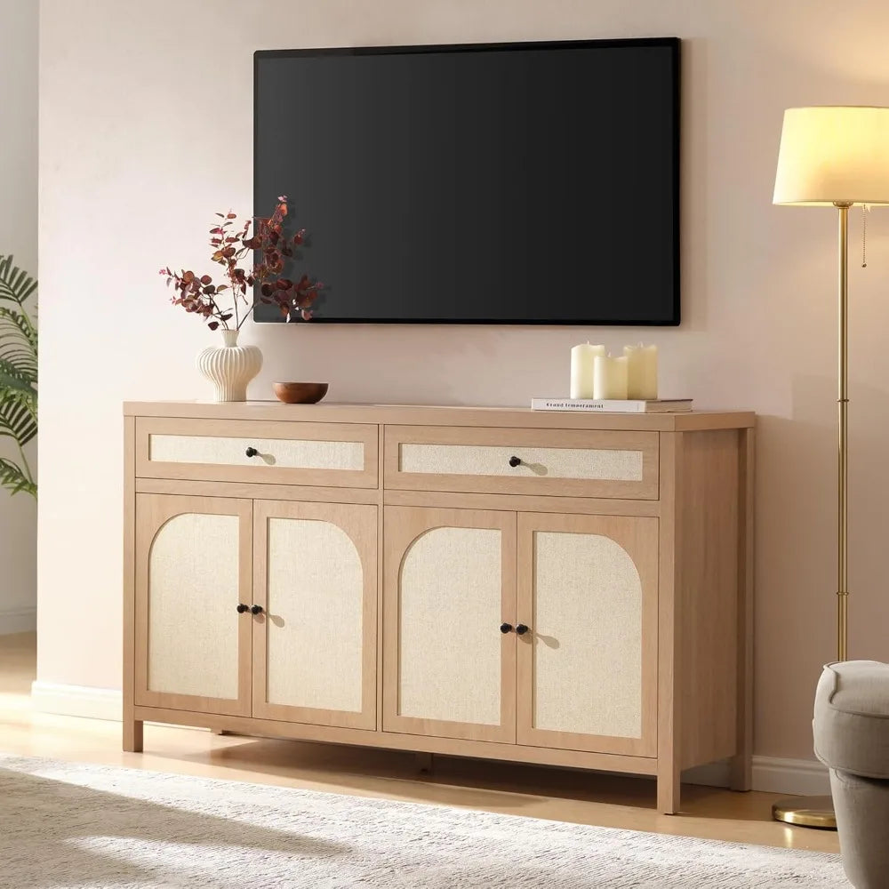60 Inch Large Sideboard Buffet Cabinet Rattan Accent Storage
