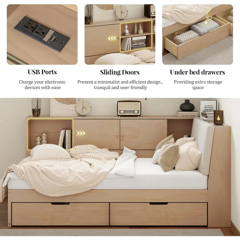 Ljustra Full Size Daybed with USB Charging Storage Drawers Minimalist Design
