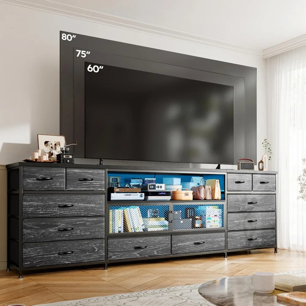 71 Inch Modern TV Stand with LED Lights Charging Station and 12 Drawers