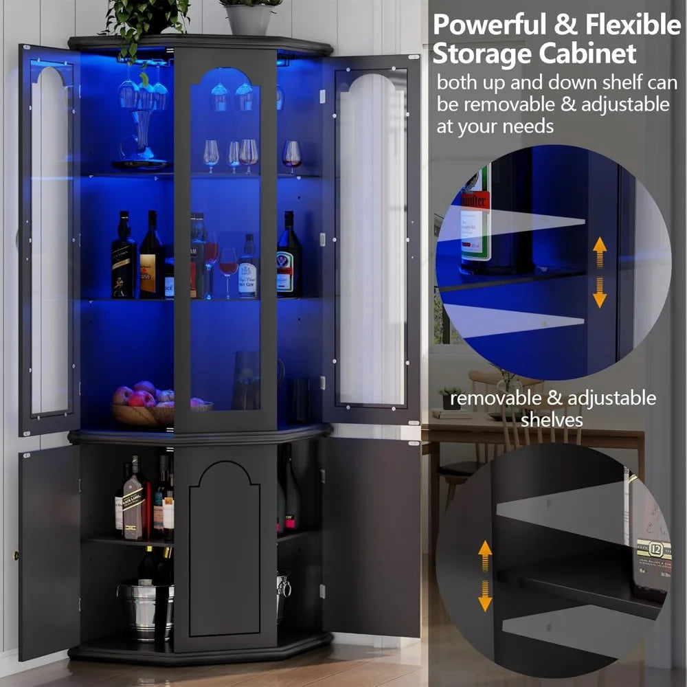 Modern Tall Wine Cabinet with LED Lights Adjustable Shelves Storage