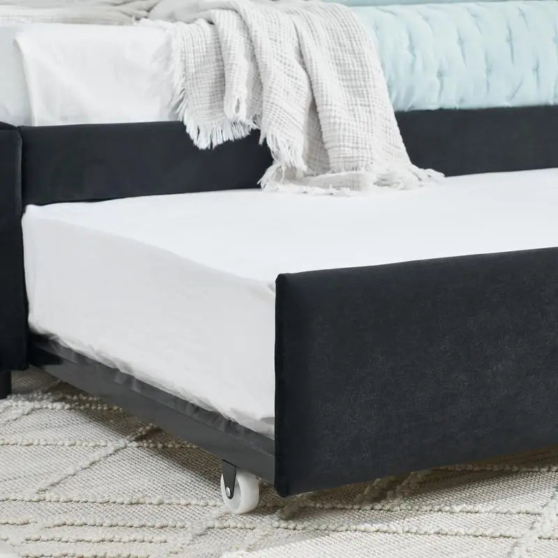 Full Size Tufted Daybed with Trundle Velvet Sofa Bed Frame Black