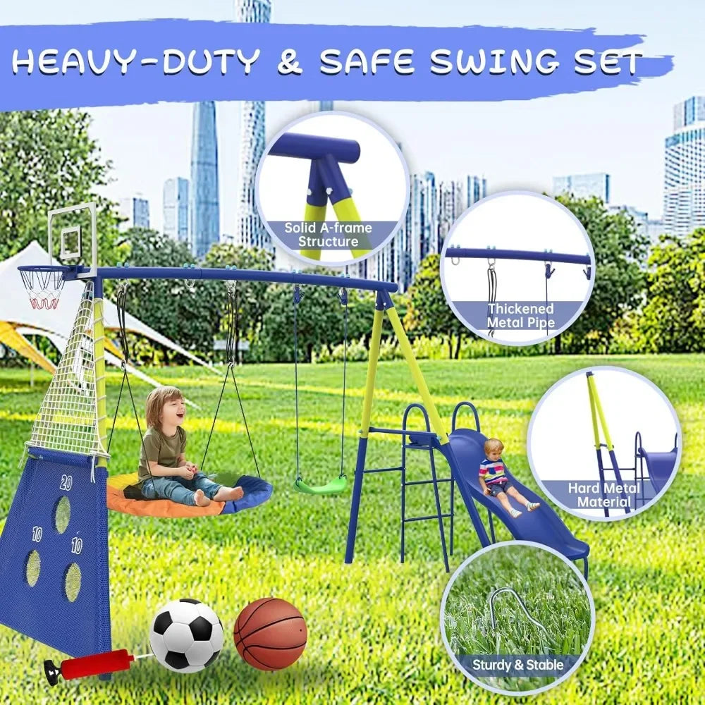 Heavy-Duty Backyard Swing Set with Slide and Sports Activities for Kids