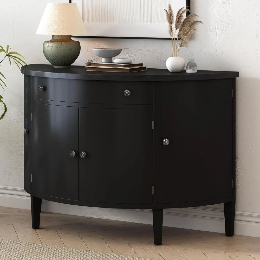 Curved Storage Cabinet 4 Doors 1 Drawer Wooden Sideboard Buffet Organizer