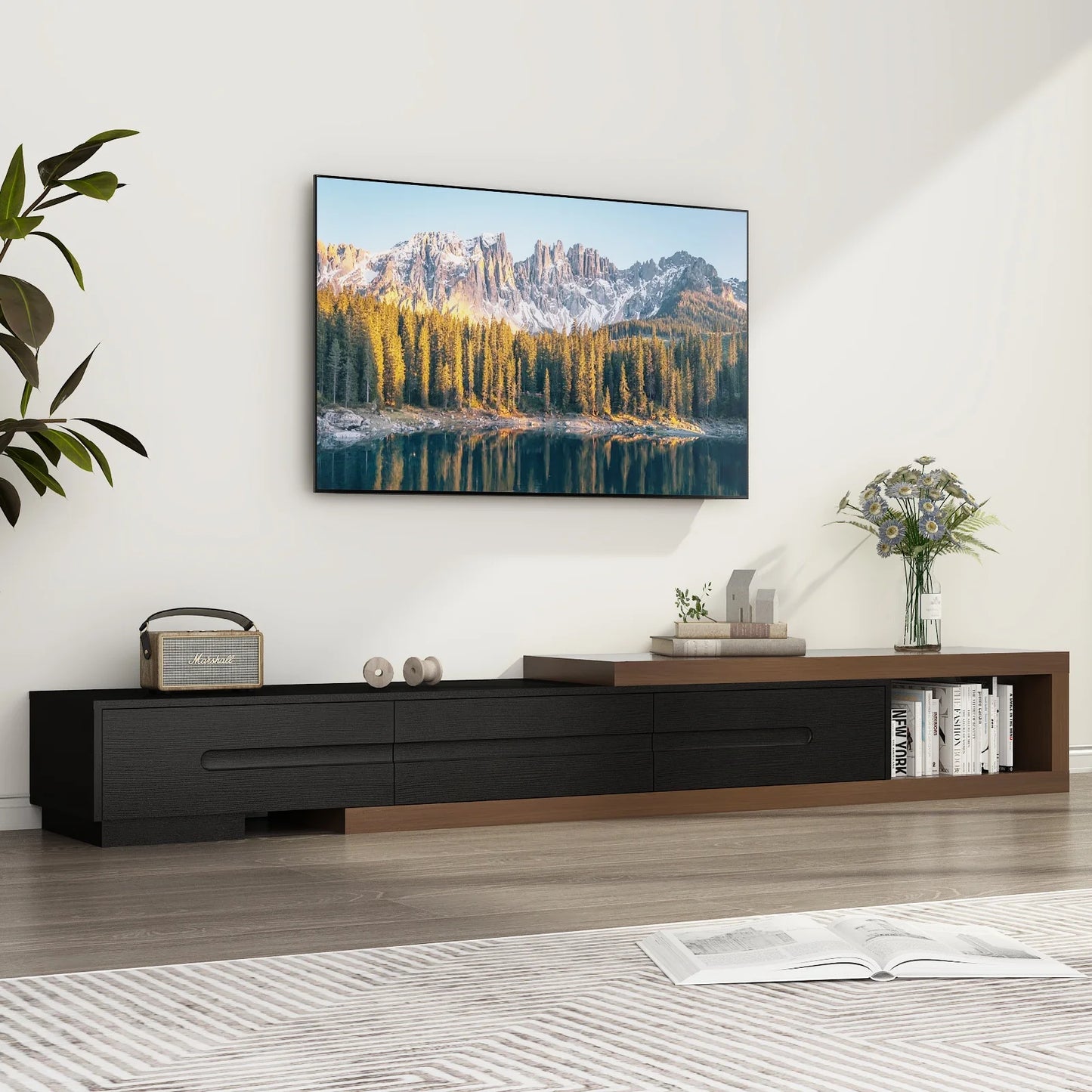 Extendable TV Stand for 120" TV Modern Wood Console with Drawers