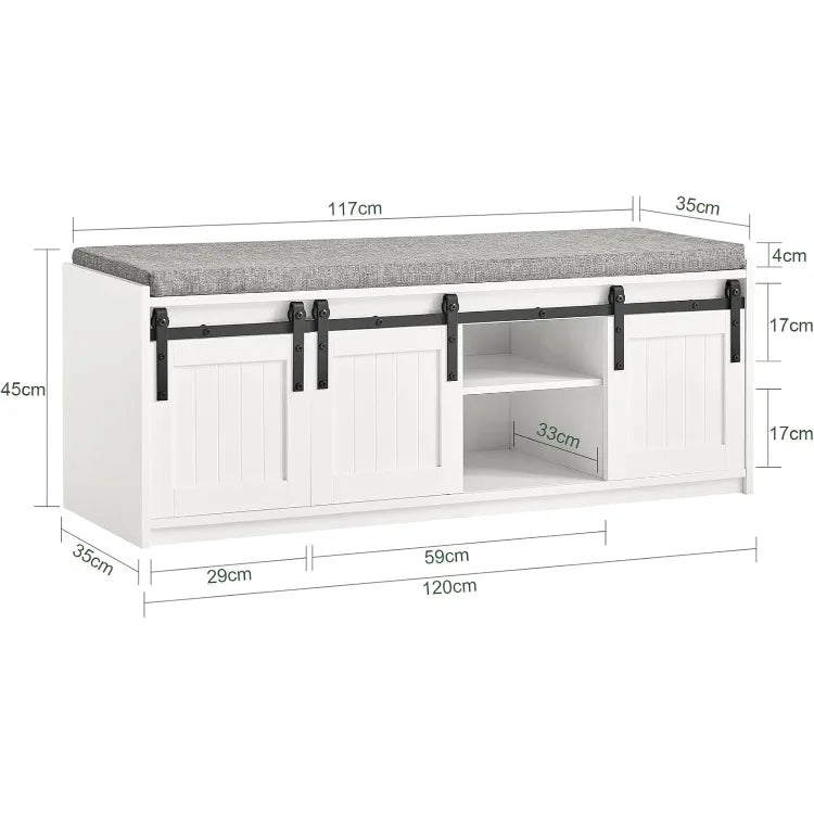 White Rustic Storage Bench with Sliding Barn Doors and Cushion