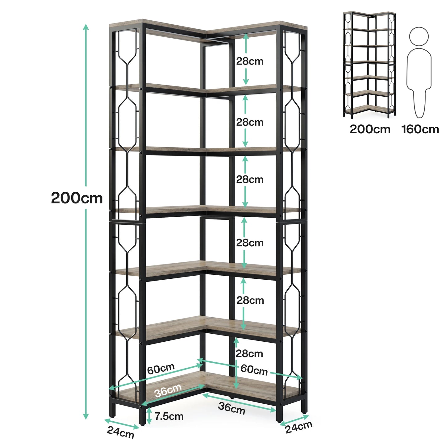 Ljustra 7-Shelf Corner Bookshelf Modern Corner Bookcase Storage Rack