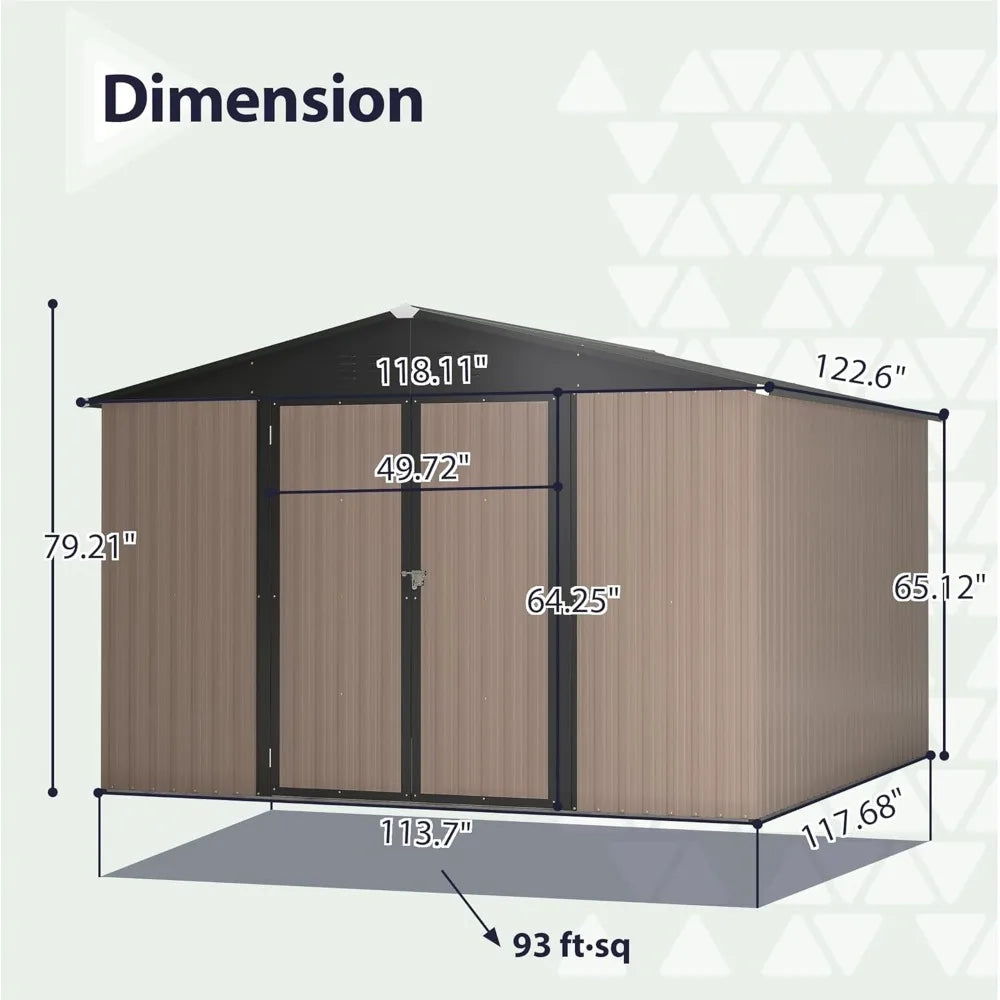 10x10 Metal Storage Shed Lockable Door Sliding Roof Utility Tool