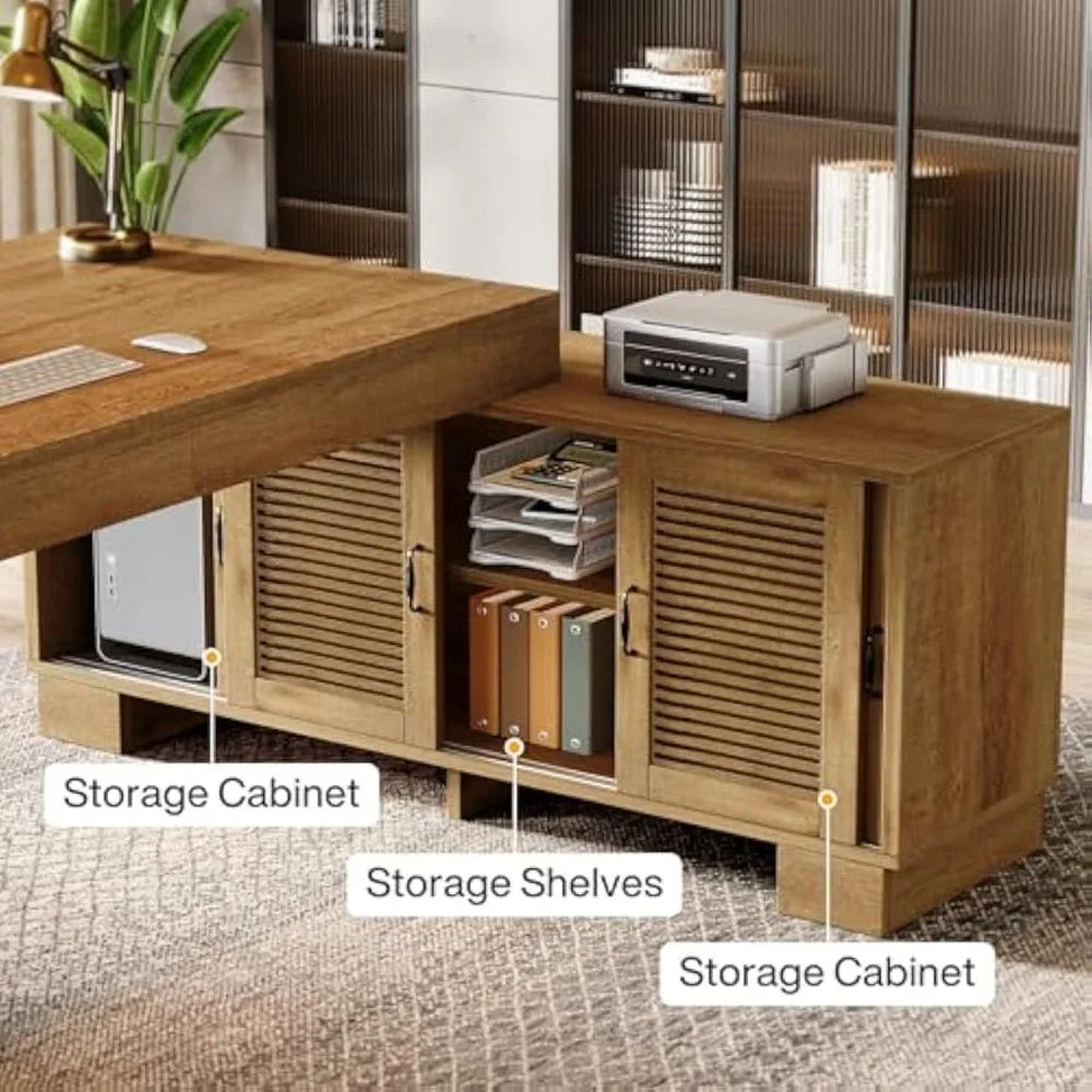 L Shaped Executive Desk with Storage Cabinets 63 Inch Modern Office Furniture