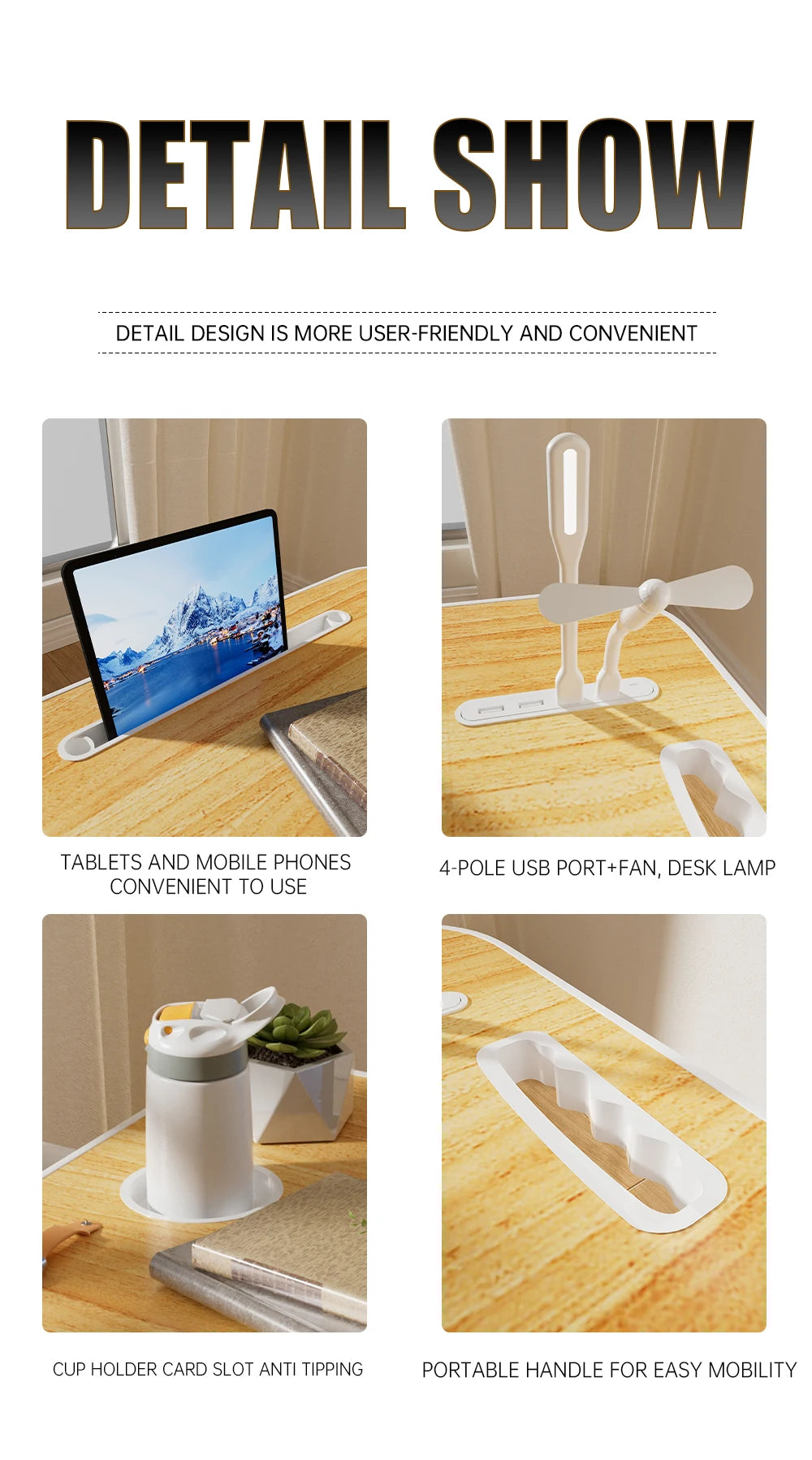 Portable Laptop Desk with USB Light Fan Cup Holder and Tablet Slot