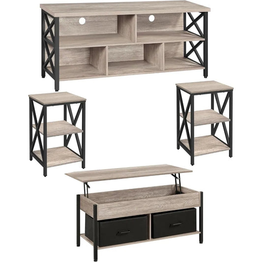 4 Piece Modern Living Room Table Set with TV Stand Coffee End Tables