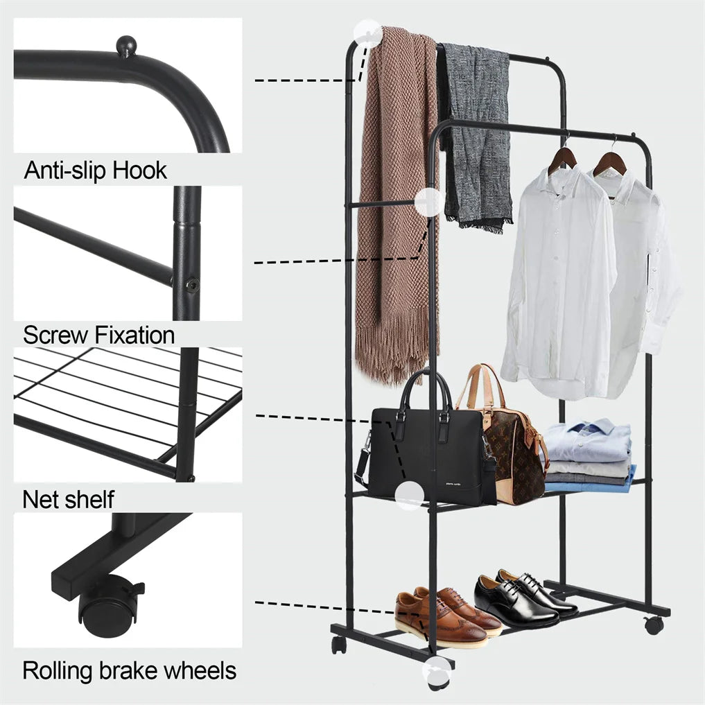 Heavy Metal Double Clothes Rail Garment Rack Storage Organizer Rolling