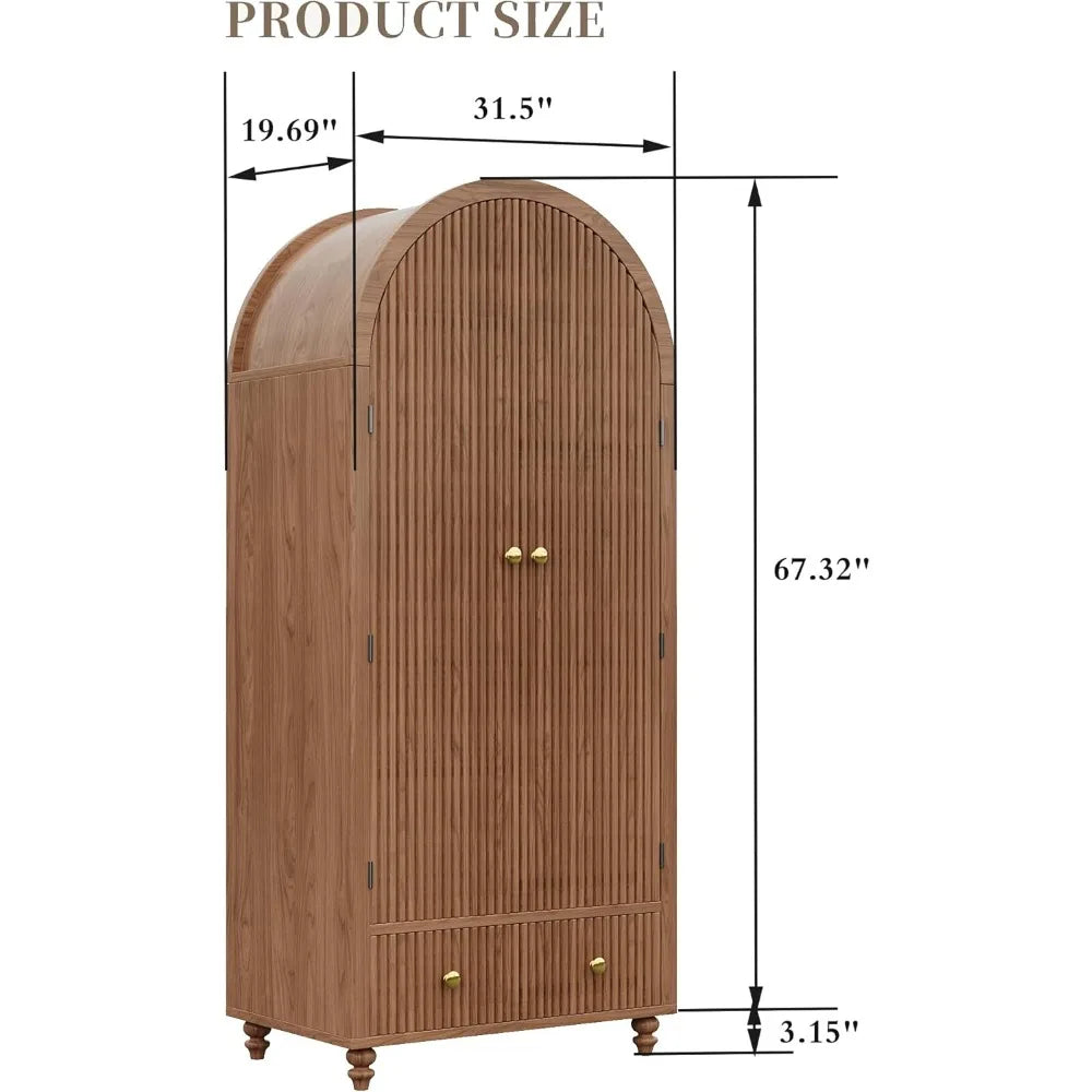 Mid-Century Arched Wooden Wardrobe Freestanding Closet Organizer