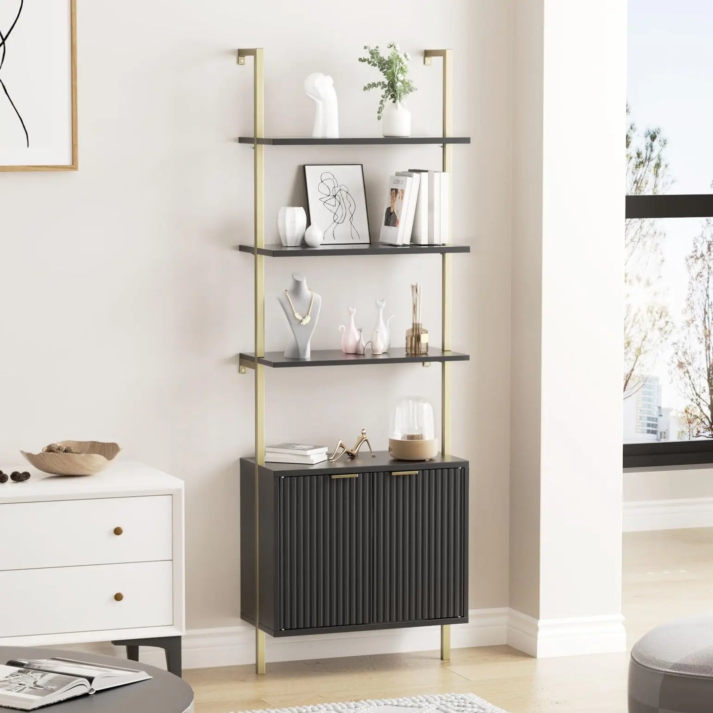 Ladder Bookshelf Storage Cabinet 71'' Tall Wall Mount Bookcase Metal Frame