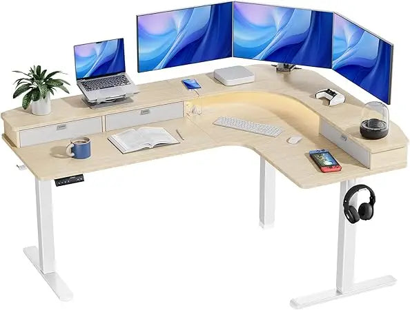 65 Inch L Shaped Electric Height Adjustable Standing Desk with Power Outlets