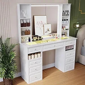 Black Vanity Desk with Lighted Mirror and 9 Storage Drawers for Makeup