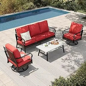 4-Piece Patio Furniture Set Rattan Rocking Chairs Sofa Marble Table