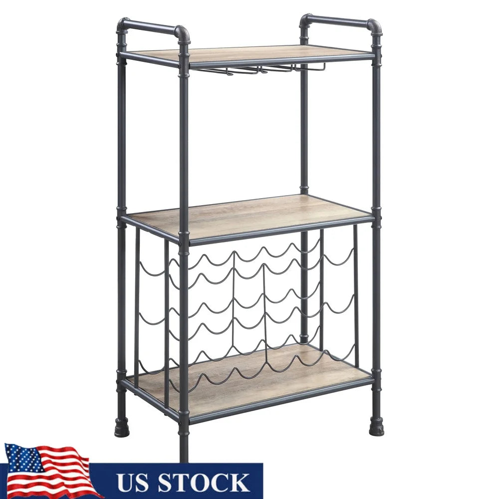Industrial Wine Rack with Three-Tier Shelves and Metal Frame Holds 18 Bottles