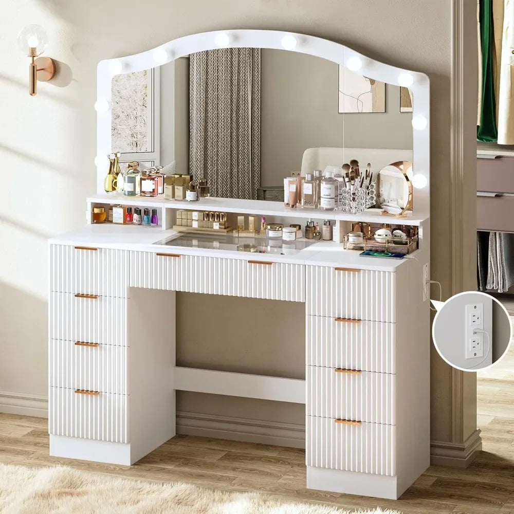 46 Inch Vanity Desk with Large Mirror Lights and 9 Drawers