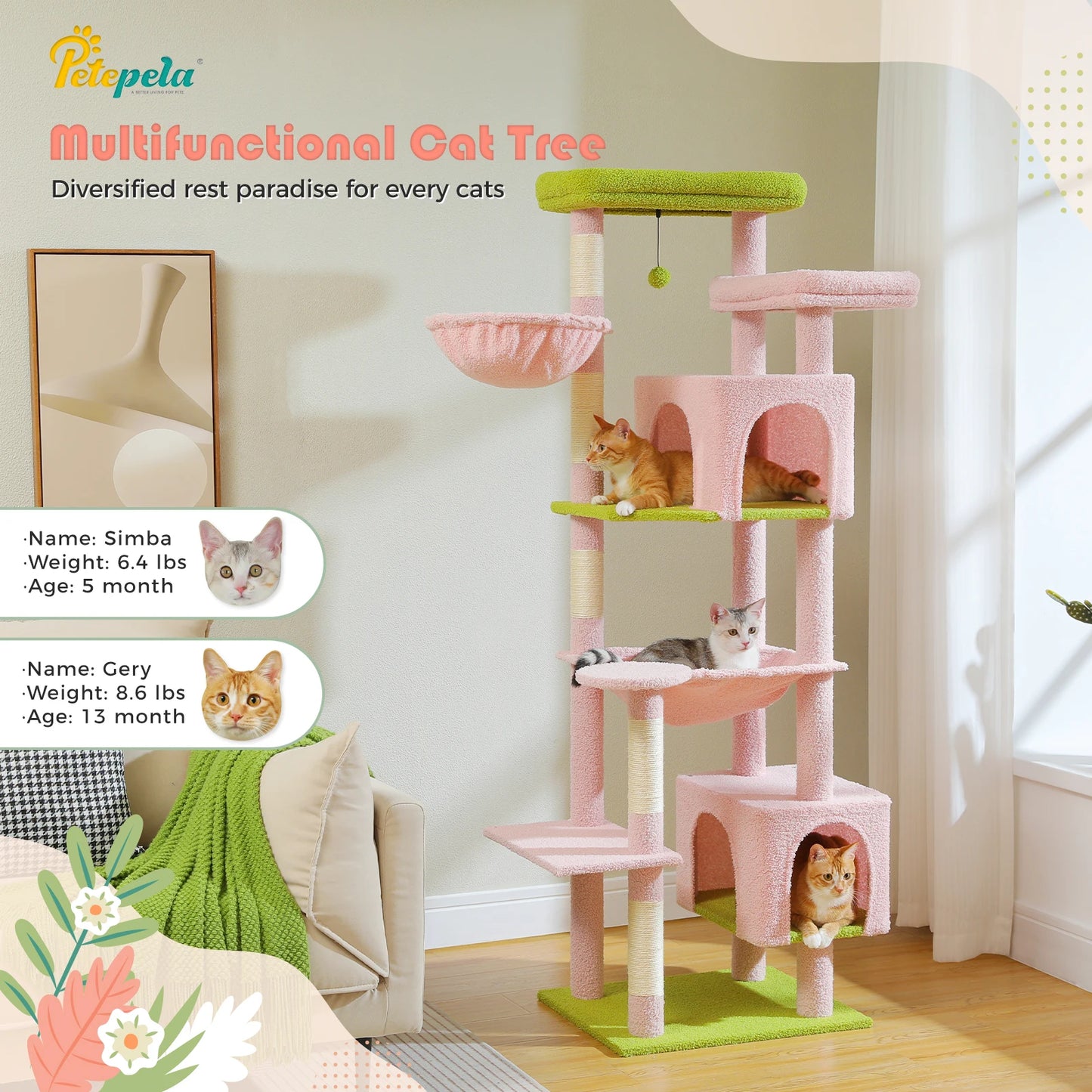 175cm Cat Tree for Large Cats with Hammock Condo Perch Scratching Posts