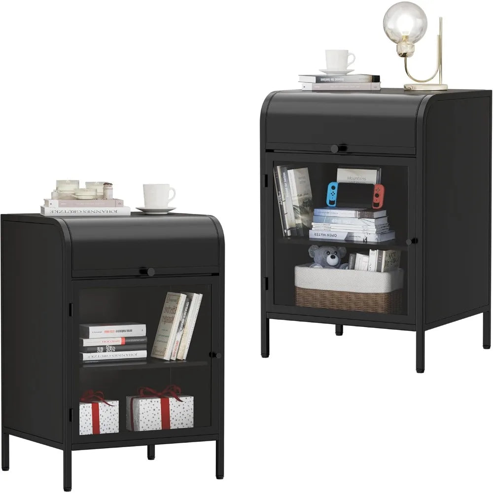 Metal Nightstand Set of 2 Modern Side Table Flip-Top Storage Glass Door