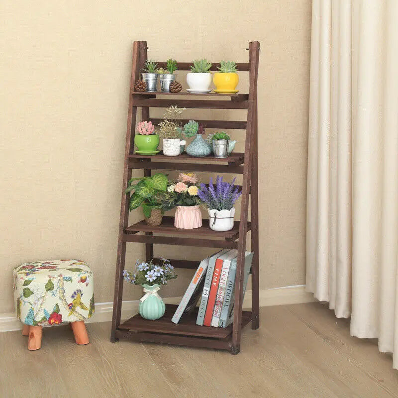 Rustic Wood Plant Stand 43" Foldable 4-Shelf Indoor Outdoor Rack