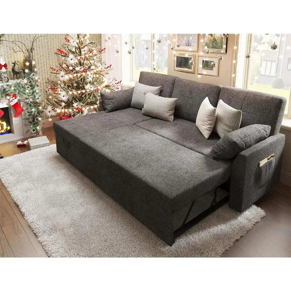 Modern Sleeper Sofa Bed with Storage Chaise & Pull-Out Couch | Bouclé Fabric 84” L-Shaped