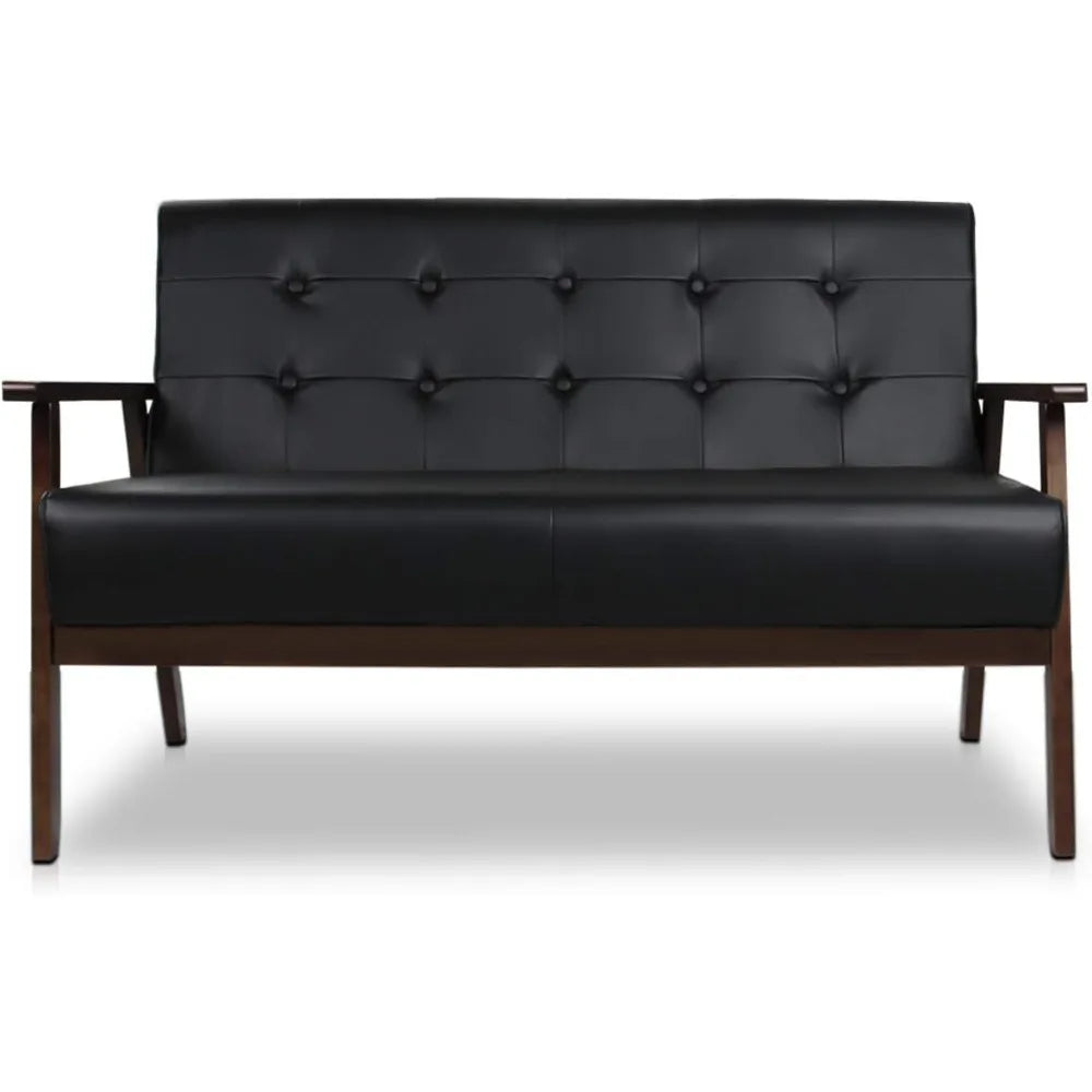 Mid-Century Faux Leather 2-Seater Loveseat Sofa Black Wood Frame Couch Apartment