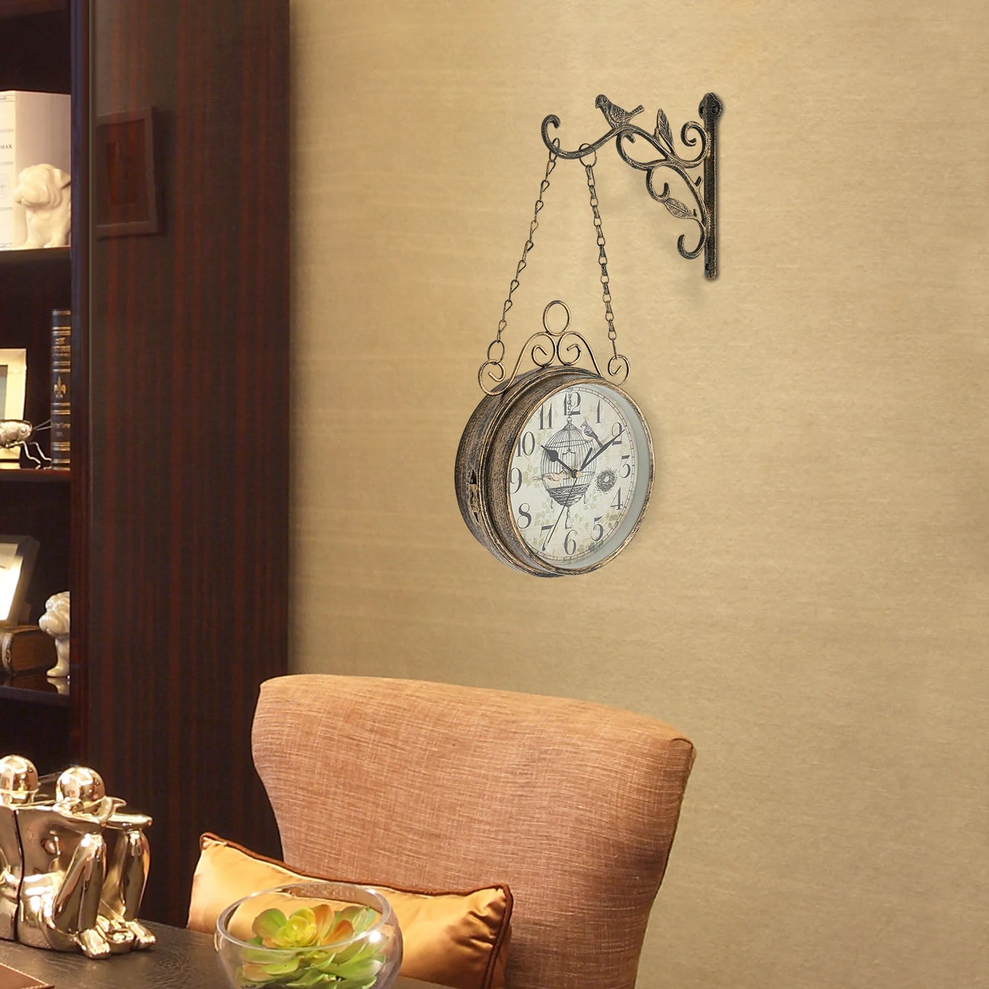 Double Sided Iron Wall Clock Vintage Round Design for Living Room Decor