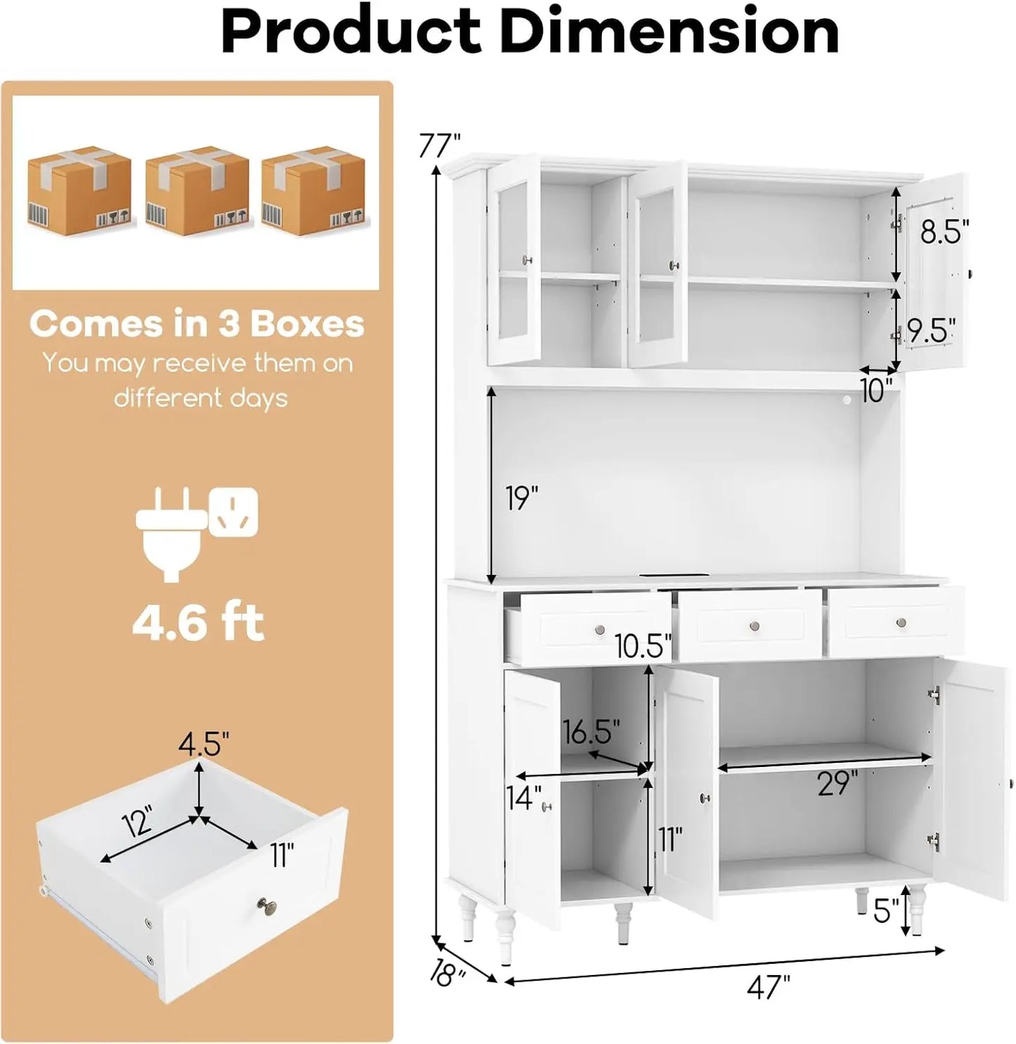77 Inch Large Pantry Cabinet Kitchen Buffet Hutch with LED Lights Outlet