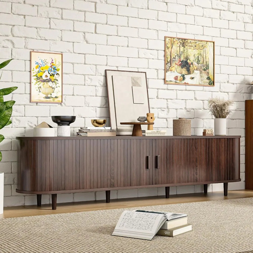 70 Inch Mid Century Modern TV Stand Sliding Doors Wood Entertainment Center