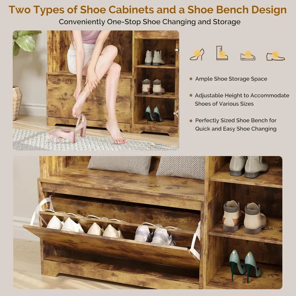 Hall Tree Bench Shoe Storage Coat Rack Entryway Organizer 6-in-1