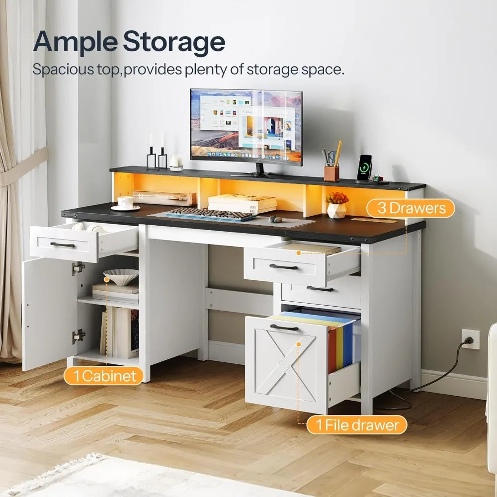 Farmhouse Executive Desk with Drawers LED Light Power Outlet Large