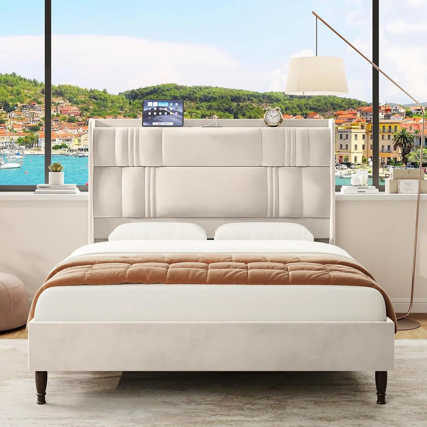 55.3 Inch Corduroy Upholstered Platform Bed Frame with LED USB Charging