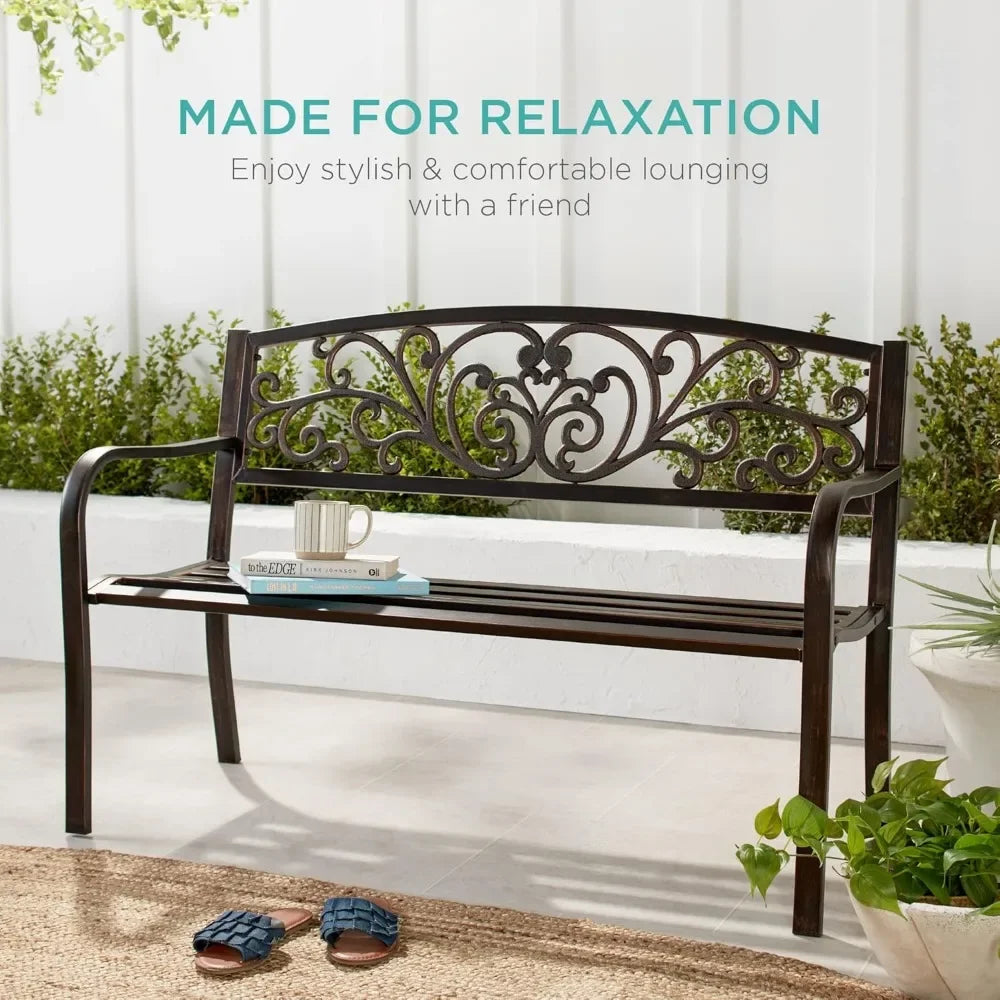 Ljustra Outdoor Steel Garden Bench with Floral Design Backrest