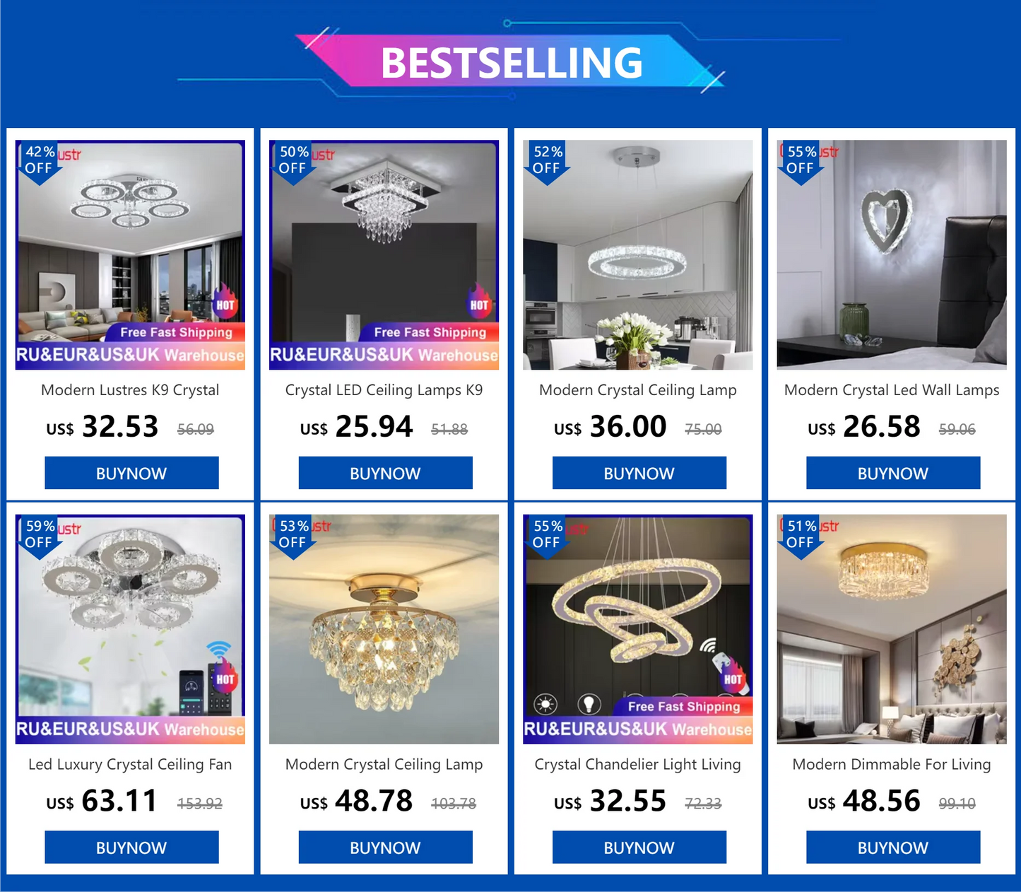 Modern Crystal Chandelier Pendant Light Dimmable LED with Remote Control