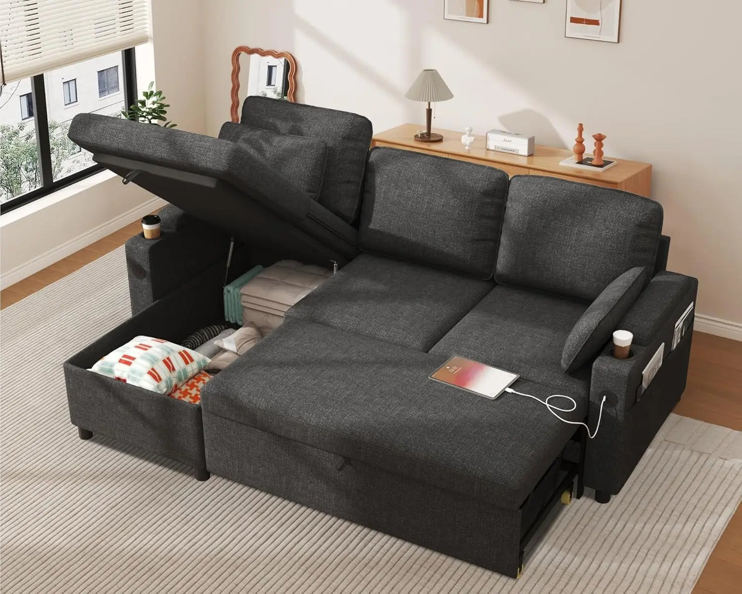 Ljustra Sofa Bed Sleeper Couch with Chaise Storage USB Cup Holder