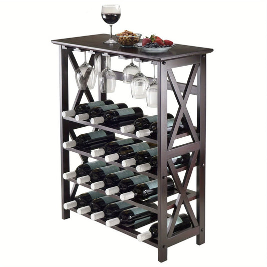 Espresso Wine Rack Solid Wood Storage Holds 24 Bottles and Glasses