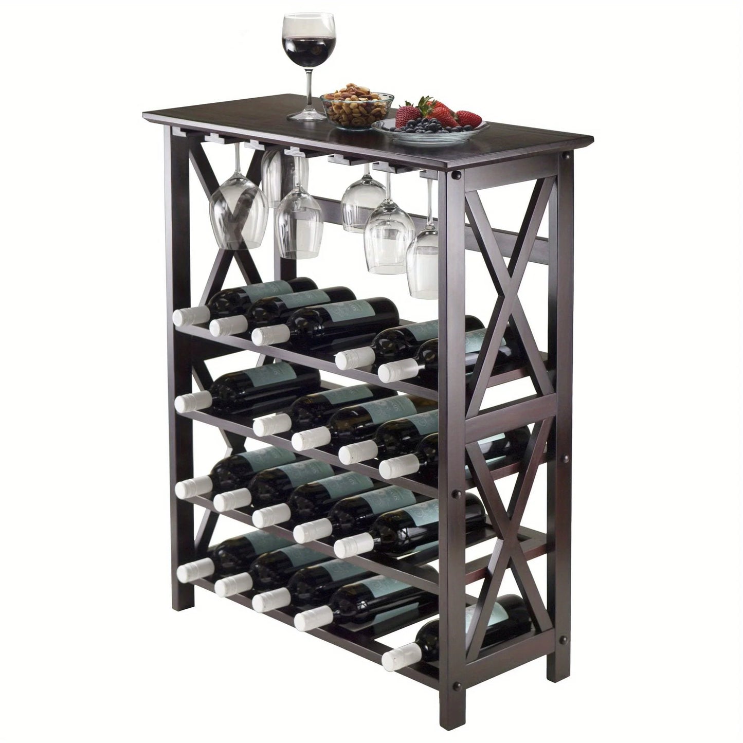 Display Wine Rack Solid Wood Espresso Finish Holds 24 Bottles Glasses